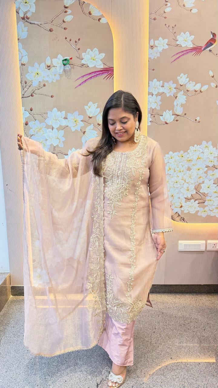 Premium handwork detailing suit set in salsa tissue in baby pink (loose fit )