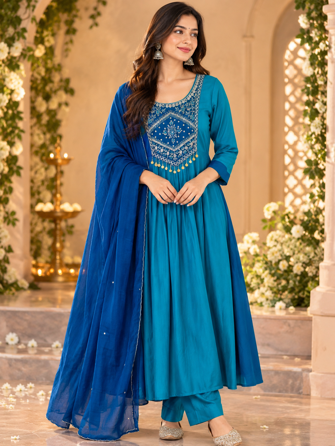 Pretty Mul chanderi two tone suit set in blue
