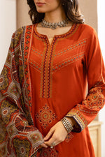 Heavy German rayon suit set paired with kalamkari dupatta in rust fully embroidered