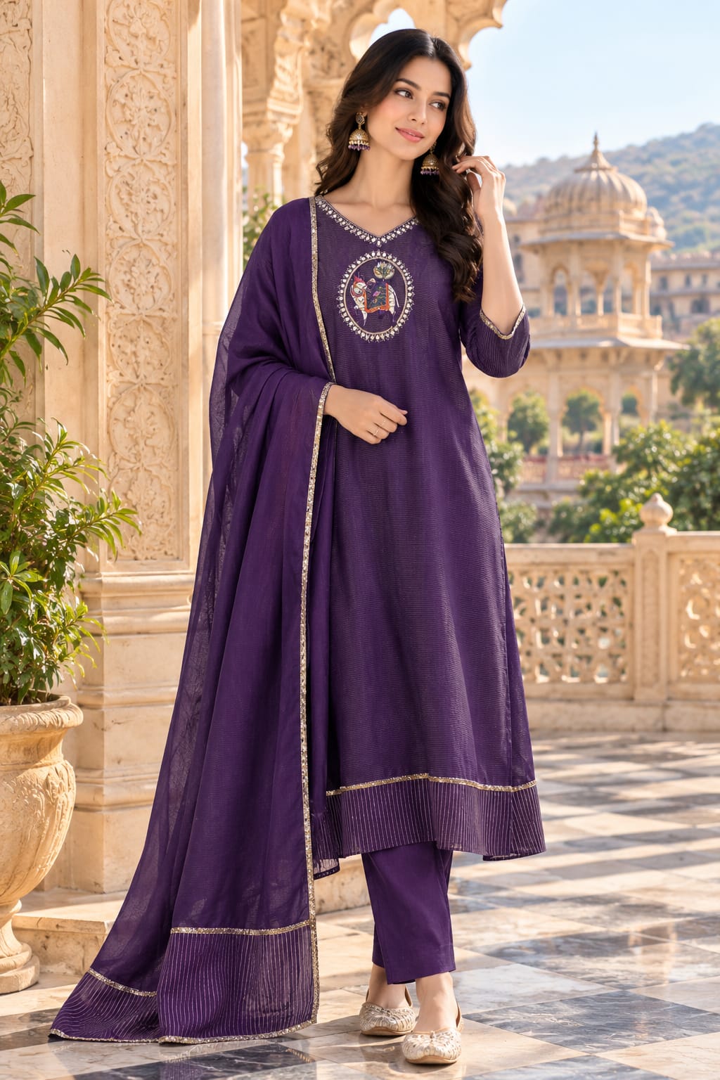 Tissue applique suit set in purple