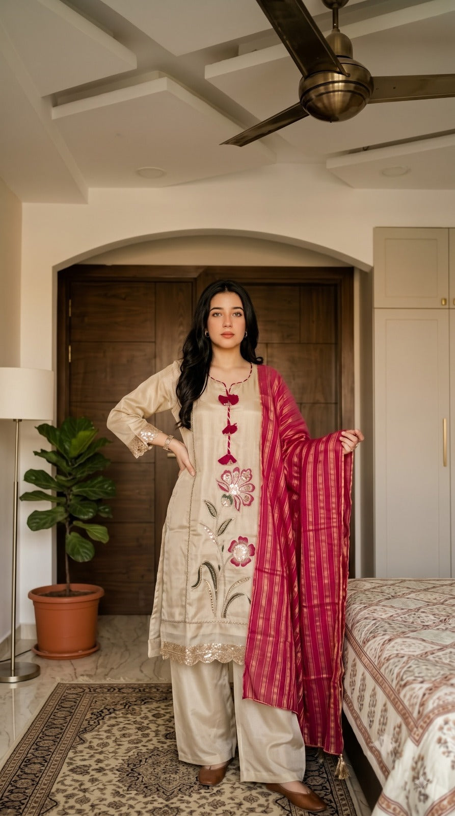 Shimmer tissue handwork appliqué suit set in beige n red