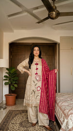 Shimmer tissue handwork appliqué suit set in beige n red