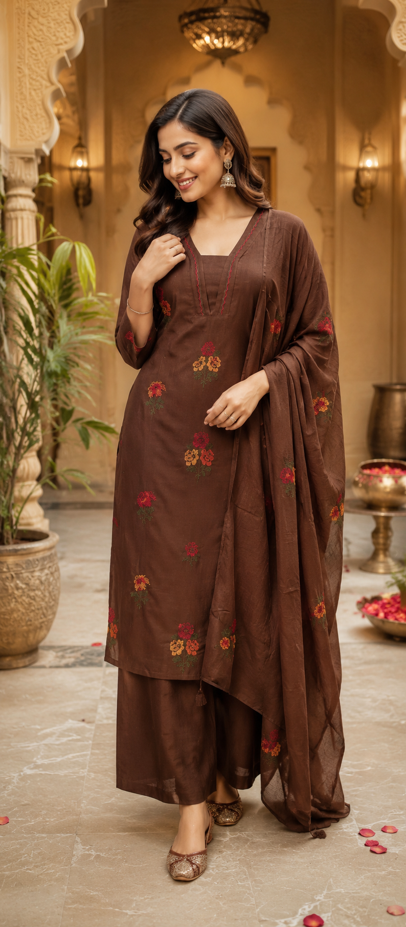 Premium brown colour embroidery Mul cotton full suit set