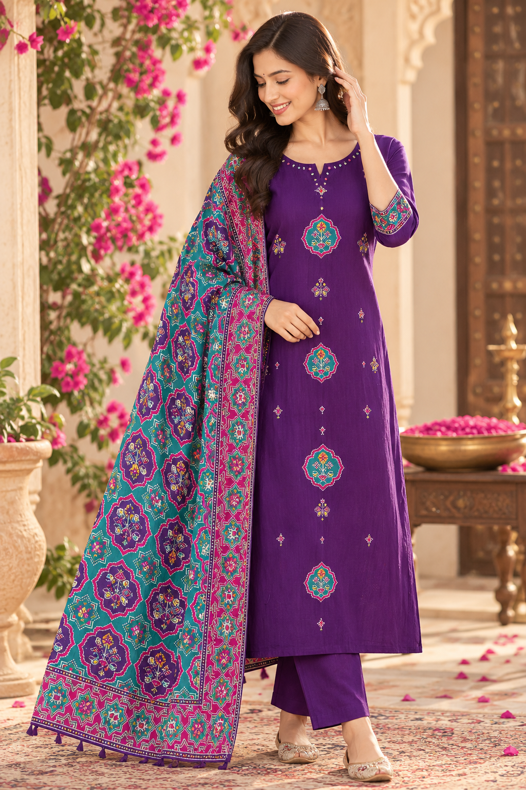 Pure crepe Patola print in contrast suit set in purple
