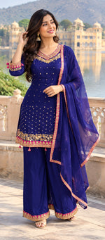 Russian silk full sequins purple suit with rani pink highlight