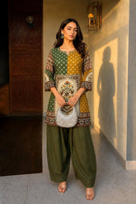 Super pretty crepe co ord in green n yellow paired with farshi