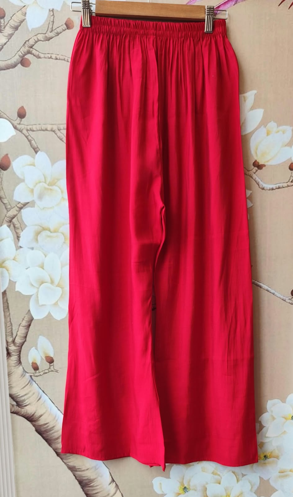 Pretty Mul chanderi in red with applique embroideryFull suit