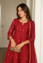 Restocked !! Pure Banarasi Mul chanderi with antique gold full suit set in red