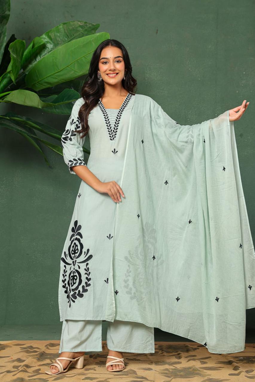Cotton applique suit set in green