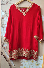 Premium chinon zari applique suit set in red
