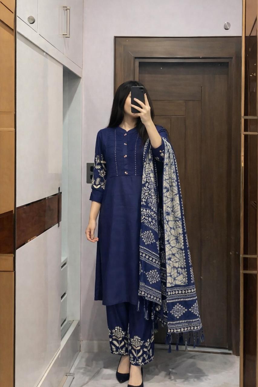Heavy rayon fully embroidered paired with cotton silk dupatta