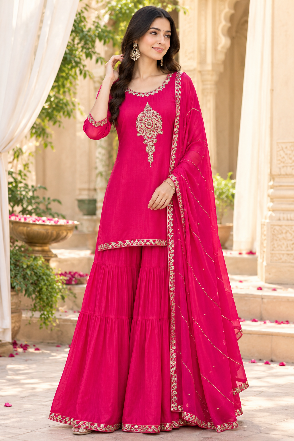 Premium chinon beautiful handwork all over in Rani pink
