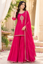 Premium chinon beautiful handwork all over in Rani pink