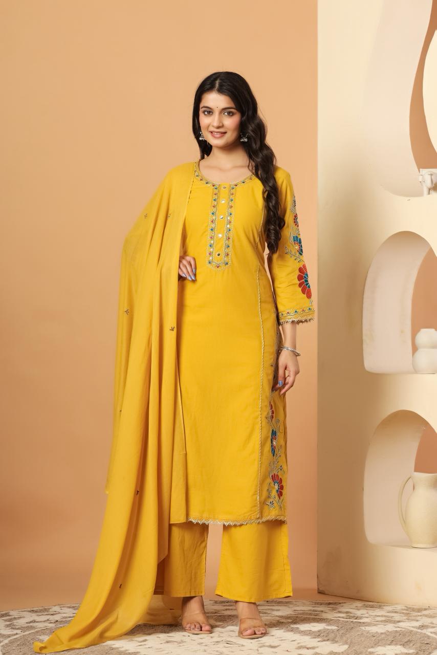Pure cotton appliqué and zari embroidery suit set in yellown