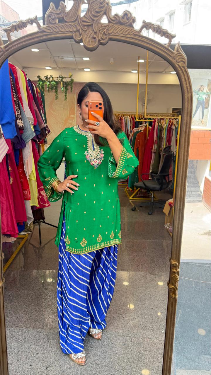 Pure crepe digital printed farshi salwar suit set in green