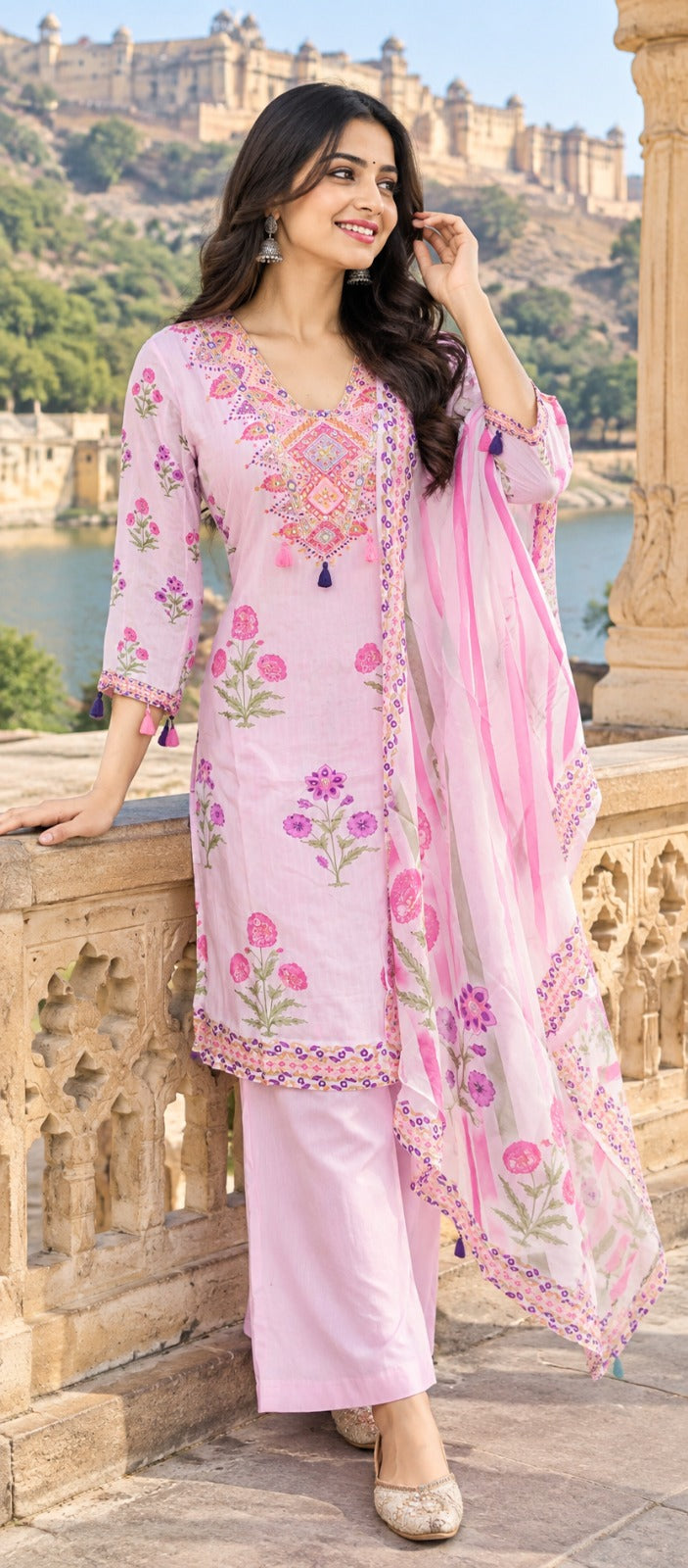 Pretty crepe block print lining full suit set