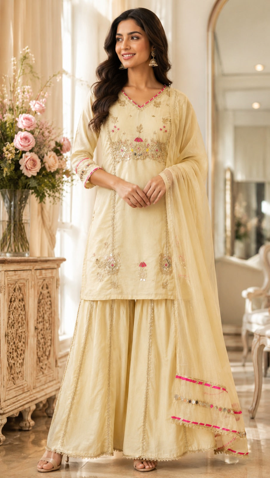 Super pretty Mul chanderi plazzo set with pretty handwork in orange (Loose fit)
