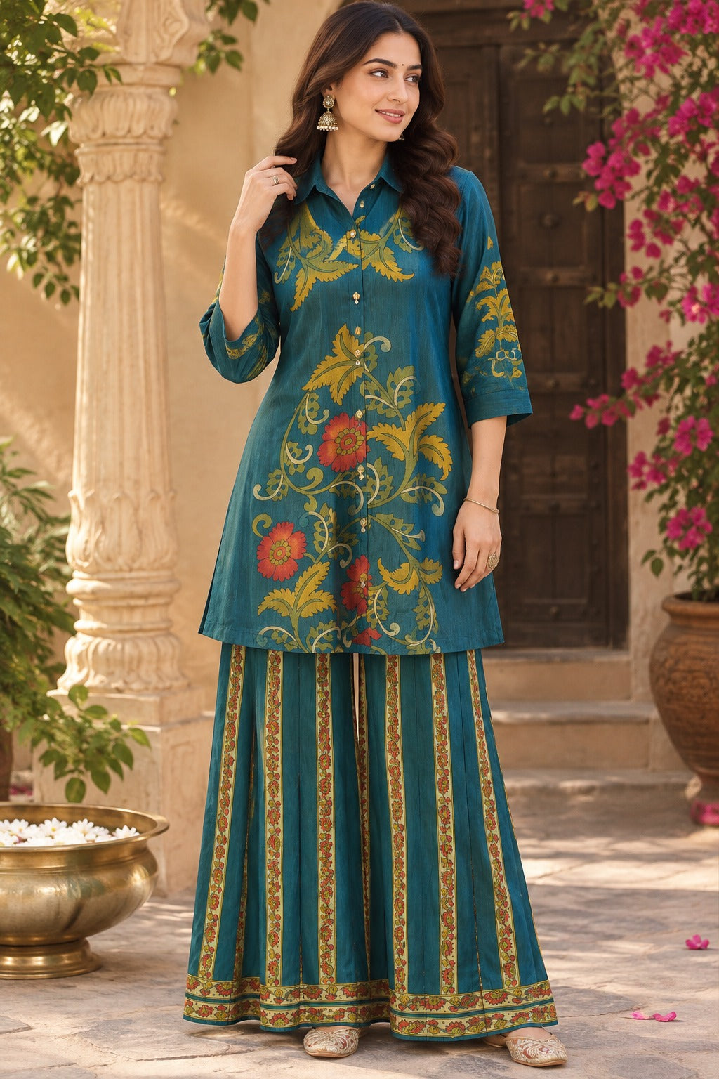 Premium crepe Kalamkari co ord in blue