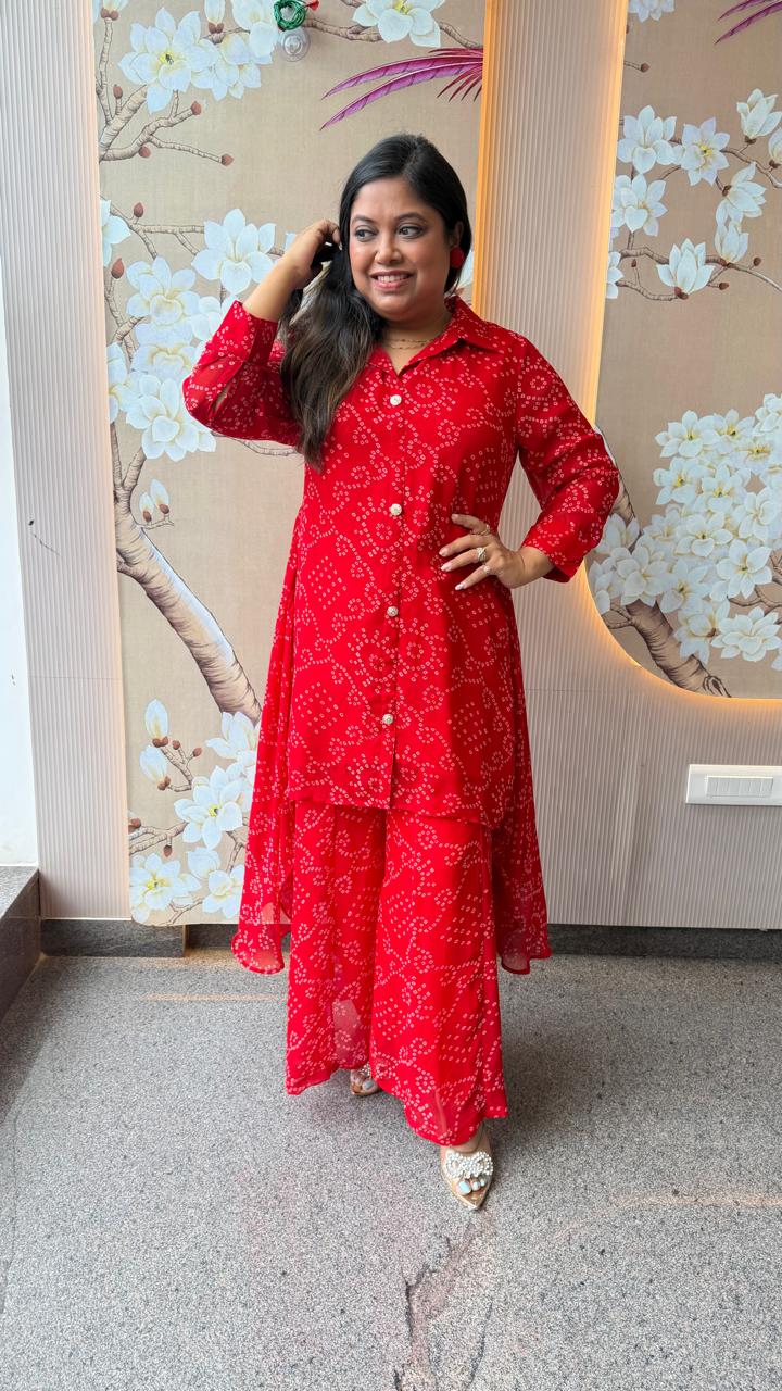 Premium georgette red lining bandhani co ord
