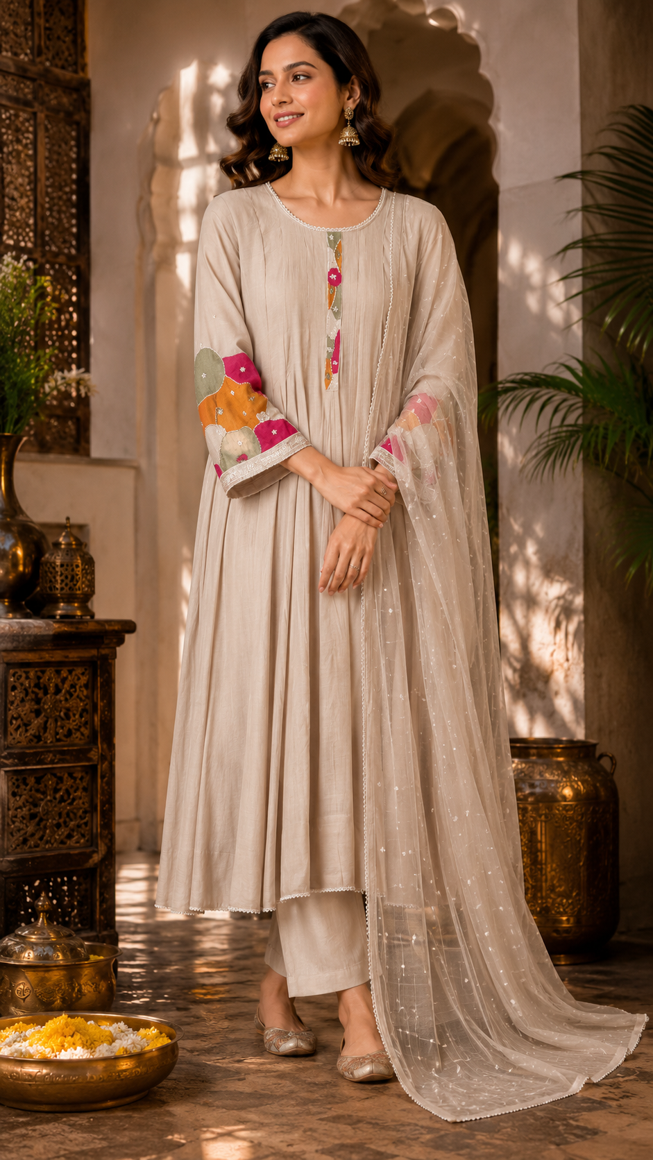 Pretty Mul chanderi full suit with beautiful handwork in cream