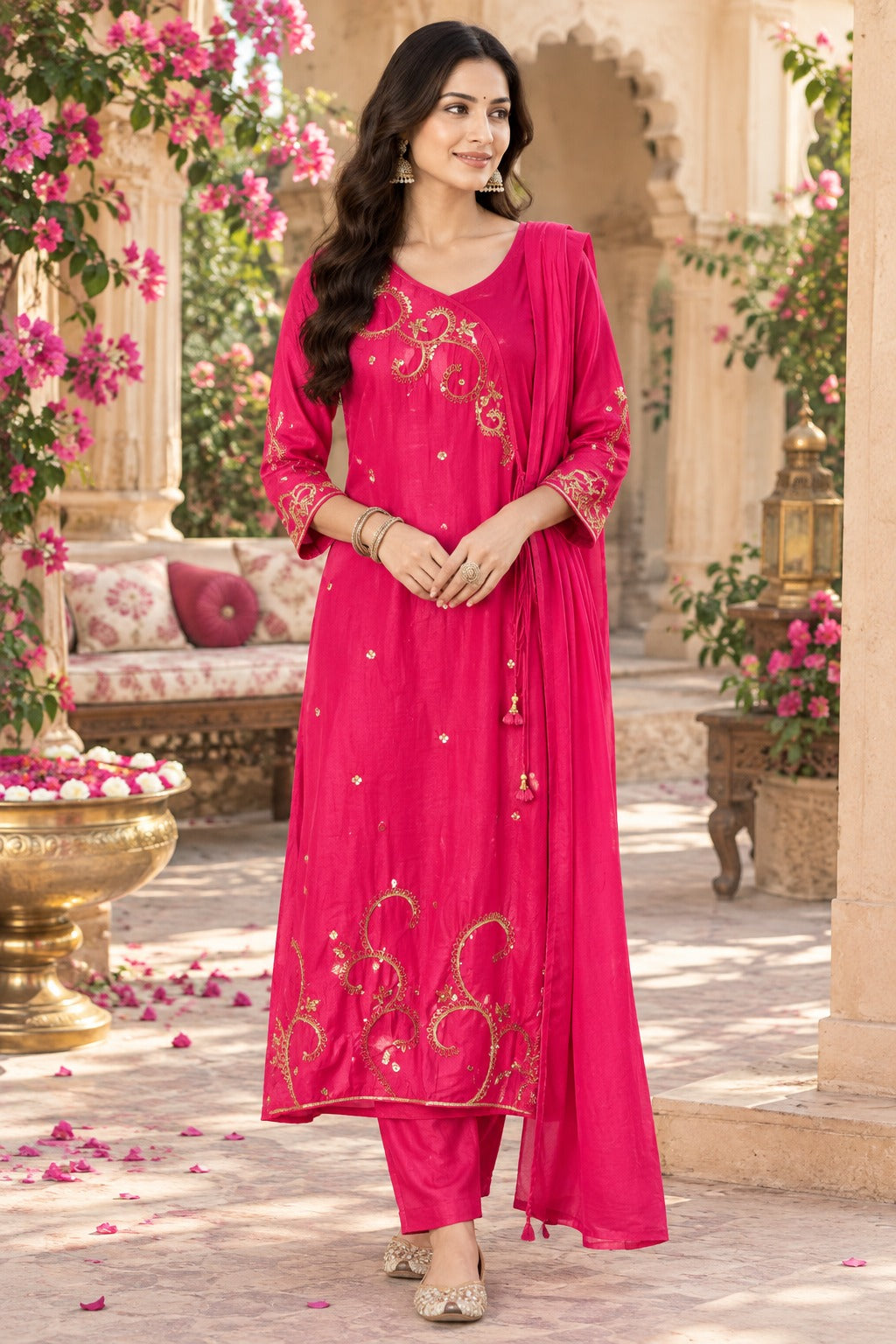 Premium dola silk Rani pink hand work suit set
