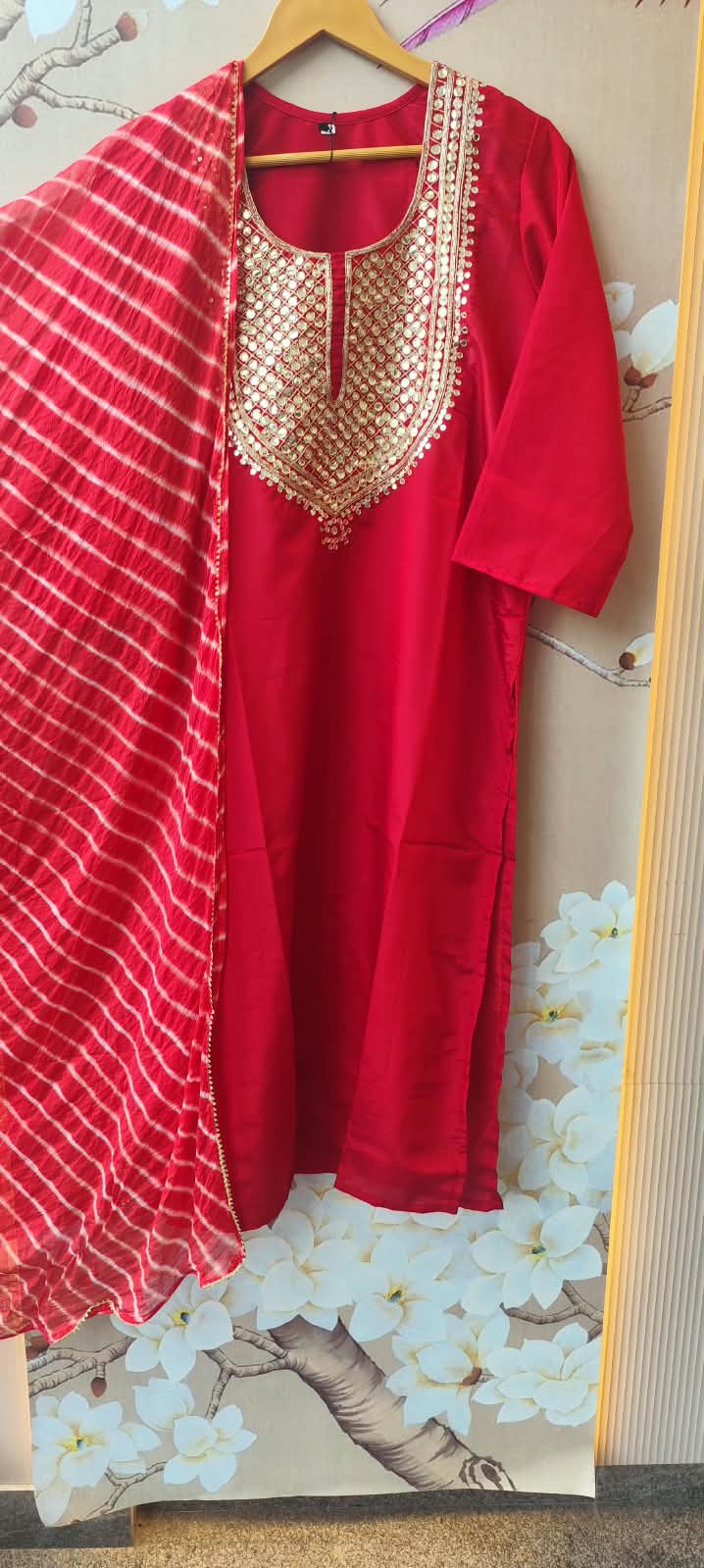 Viscose silk gotta detailing plazzo suit set paired with shiffon dupatta in red