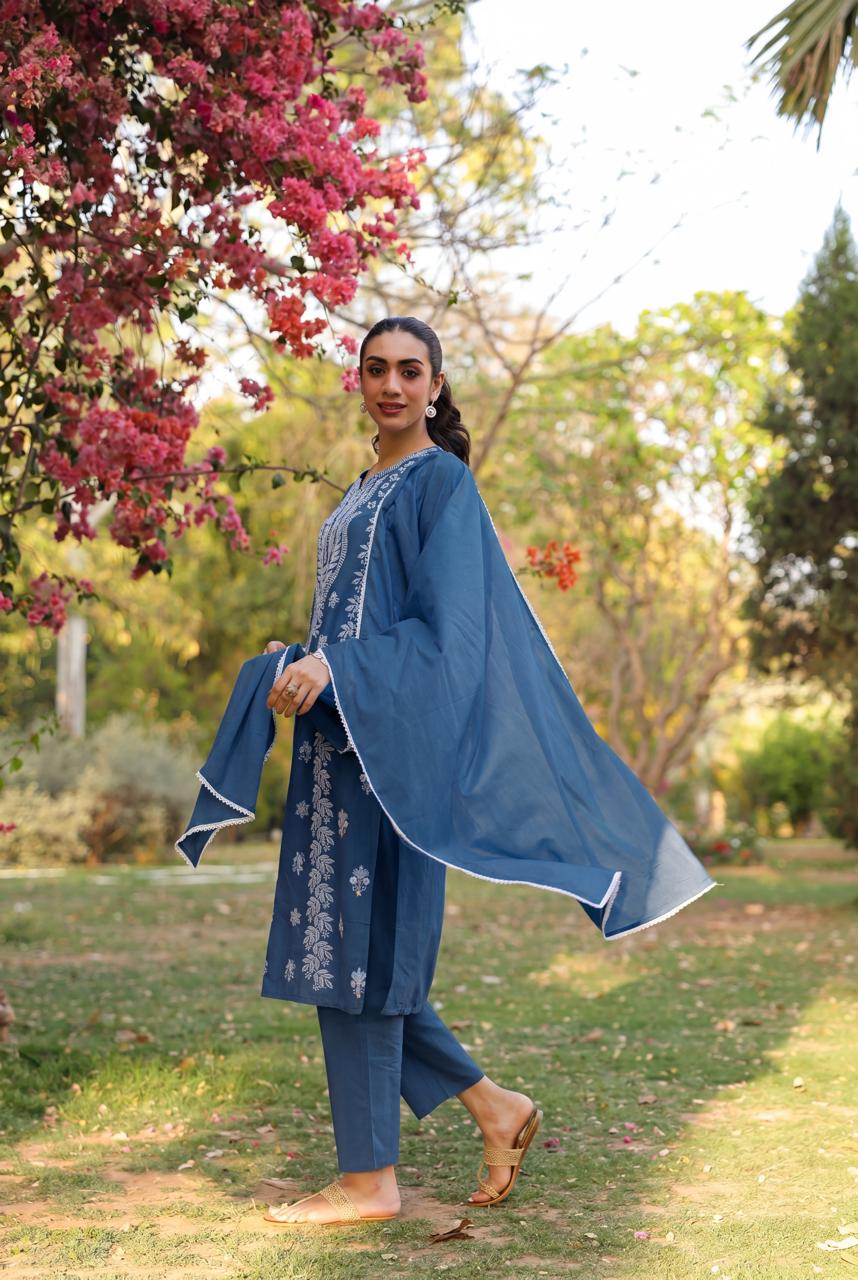 Mul cotton embroidered chikankari full suit set in blue