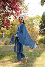 Mul cotton embroidered chikankari full suit set in blue
