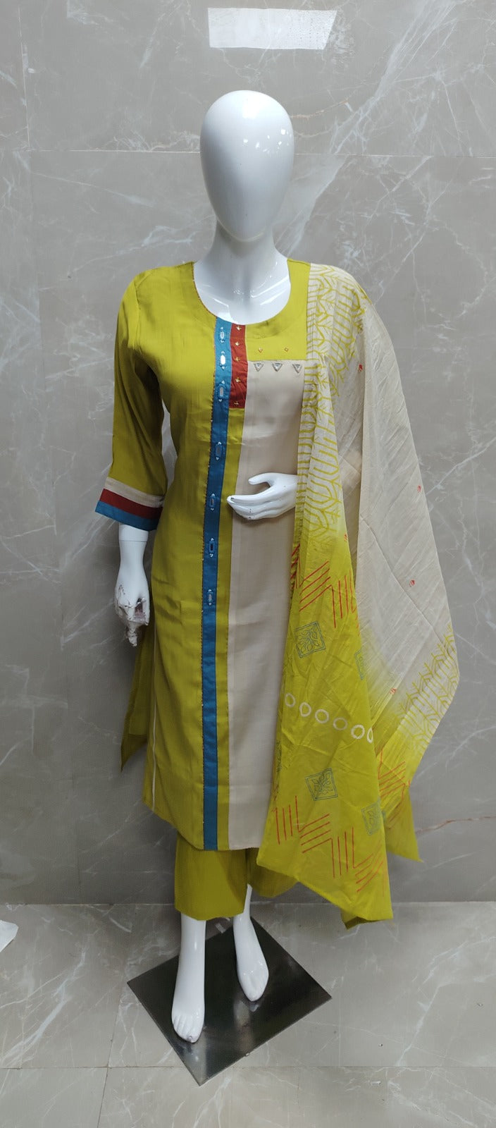 Pretty Mul chanderi with real mirror detailing suit set in green (slim fit )