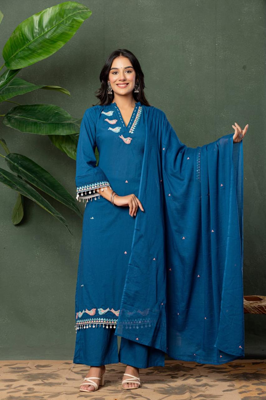Premium cotton designer pocket with pretty embroidery suit set in blue