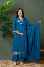 Premium cotton designer pocket with pretty embroidery suit set in blue
