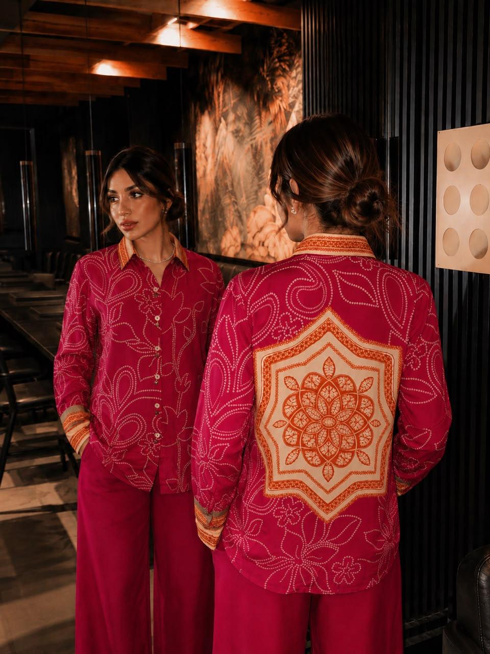 Pure crepe bandhani with designer back co ord in Rani pink