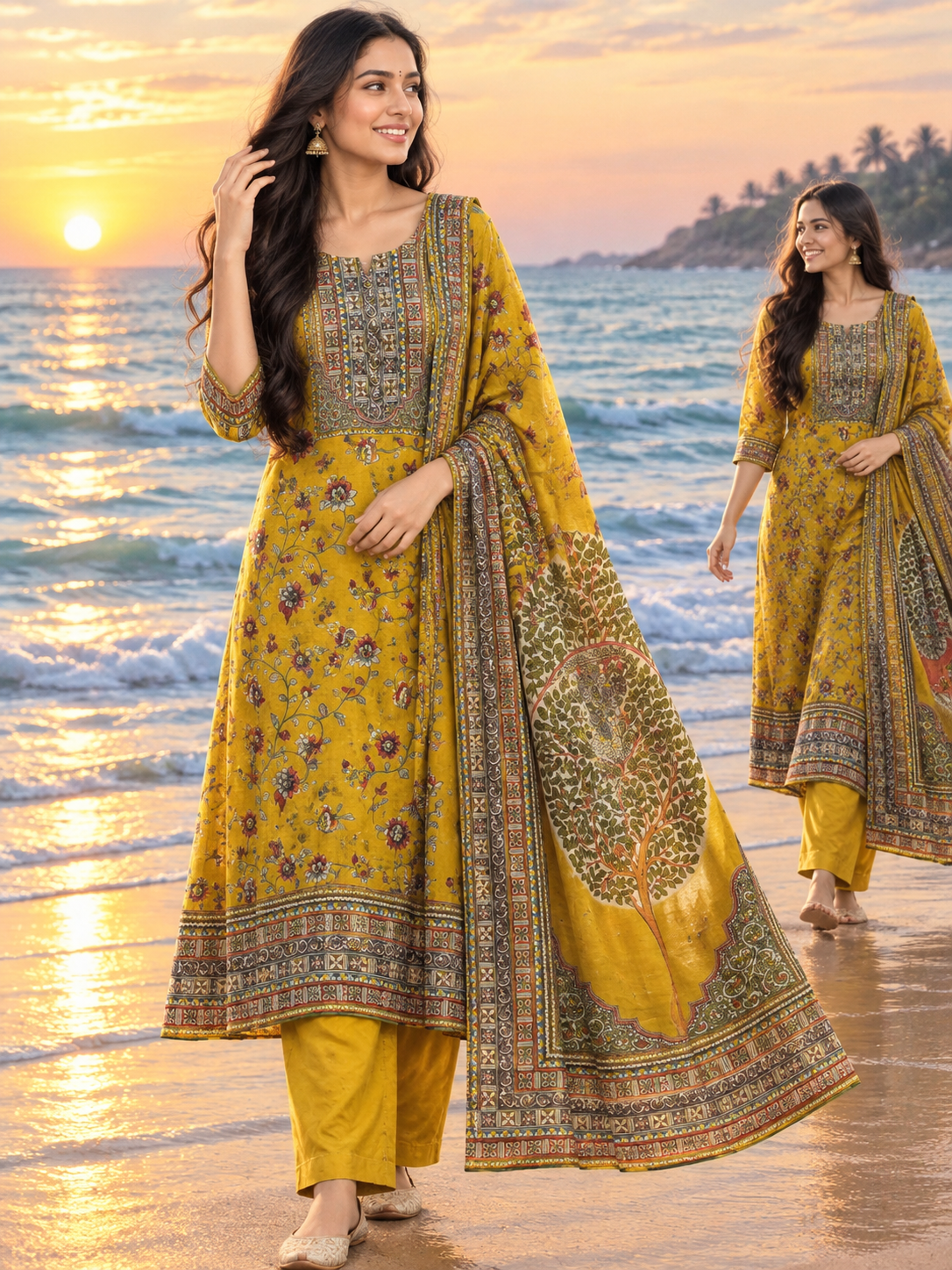 Russian silk pretty Kalamkari suit set in yellow