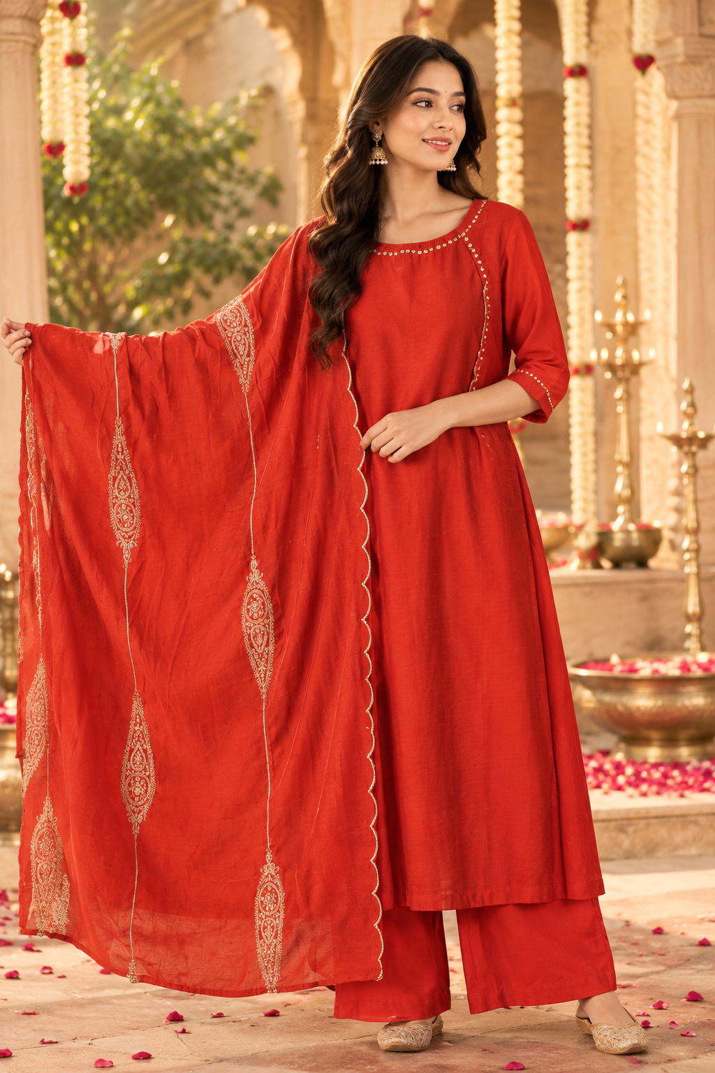 Pure Banarasi Mul chanderi with zari detailing on the dupatta in orange