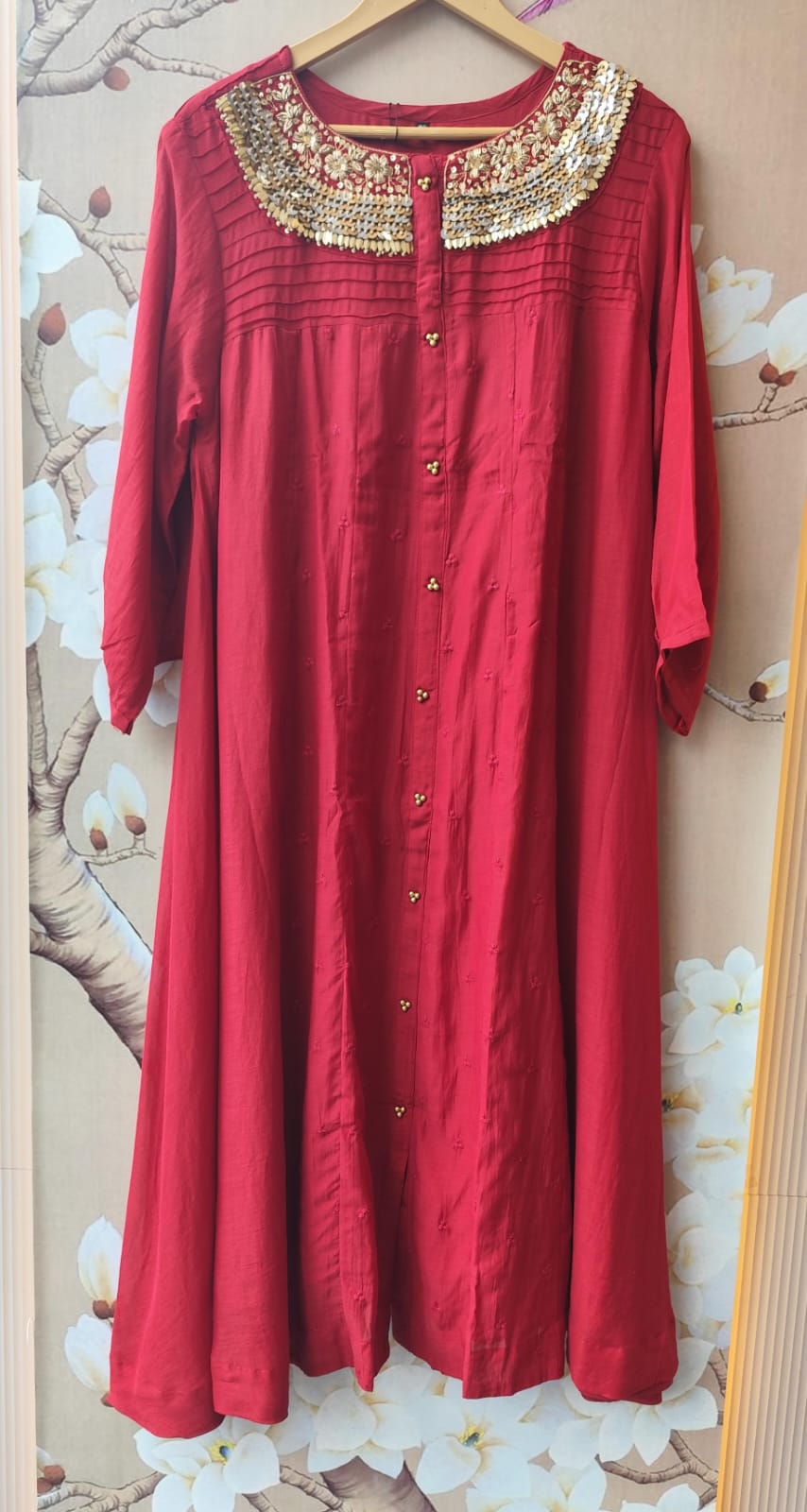 Designer red Mul chanderi handwork suit set