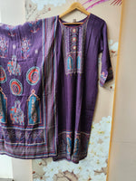 Pure muslin silk cotton lining katha detailing suit set in purple