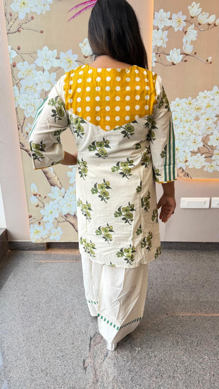 Pretty polka dot yoke embroidered farshi salwar co ord set in pure cotton . Both sided lining