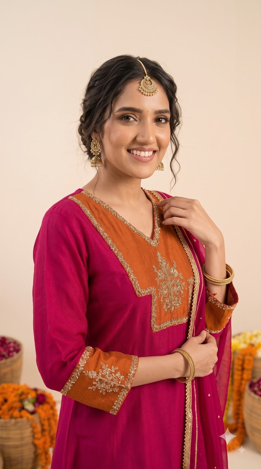 Pretty Mul chanderi suit set in pink n orange