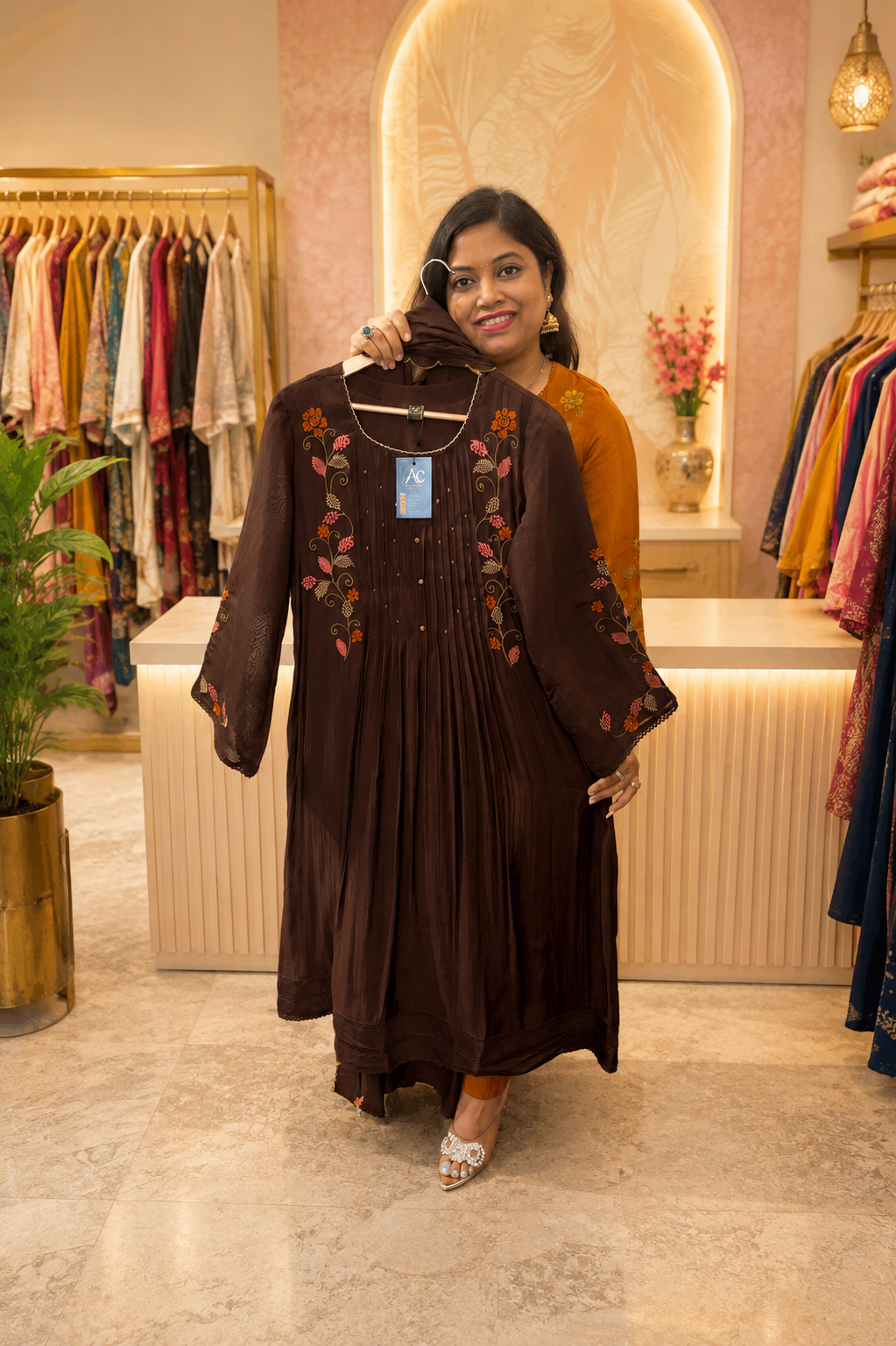 Pretty Mul Chanderi embroidered Anarkali suit set in brown