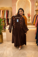 Pretty Mul Chanderi embroidered Anarkali suit set in brown