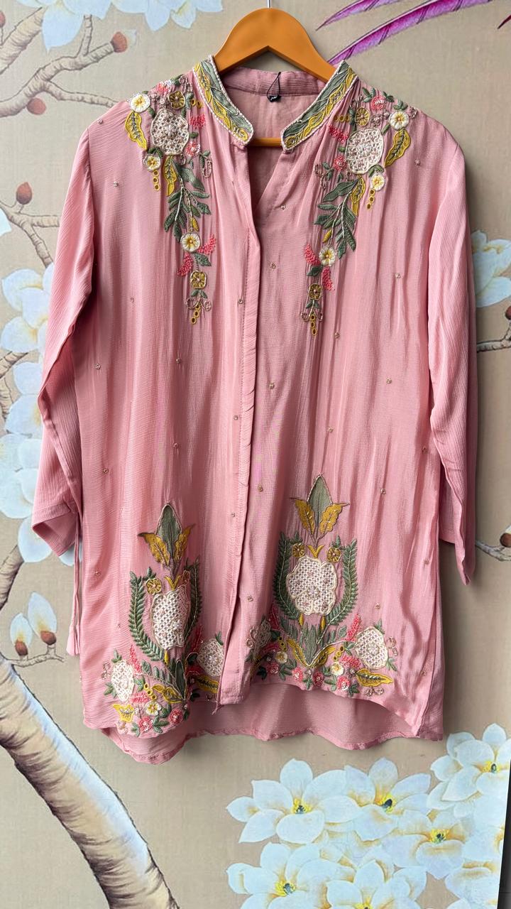 Premium chinon hand work Co ord in pink