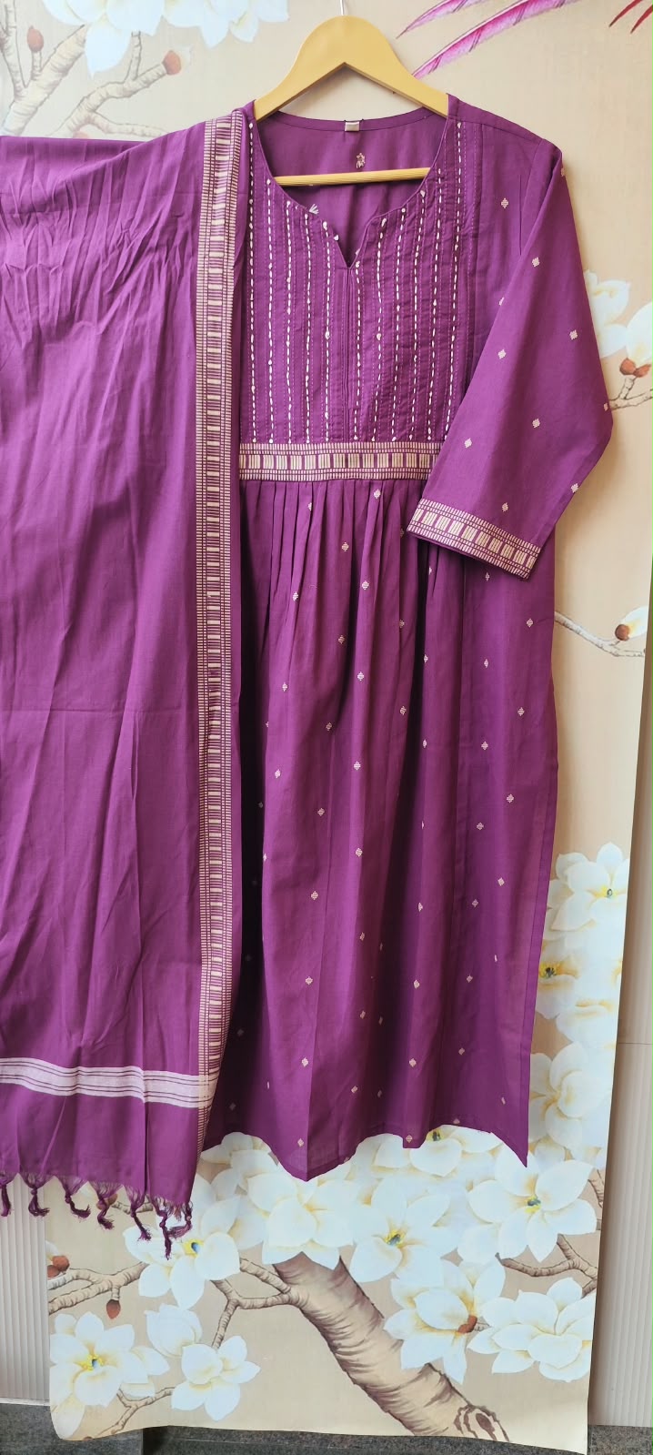 Handloom cotton katha detailing full suit set in purple