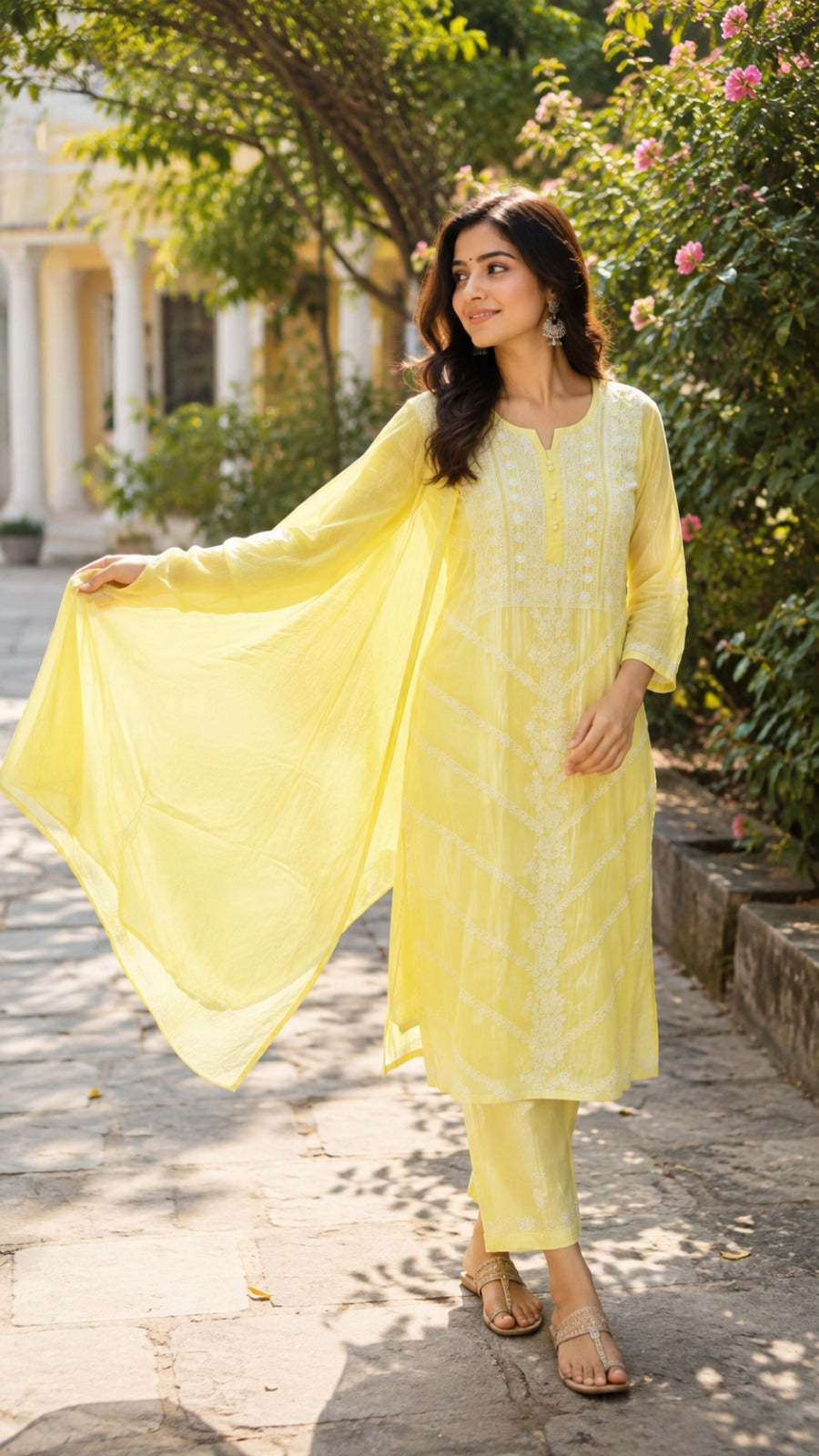 Premium crush cotton with inner hand chikankari full suit set in yellow
