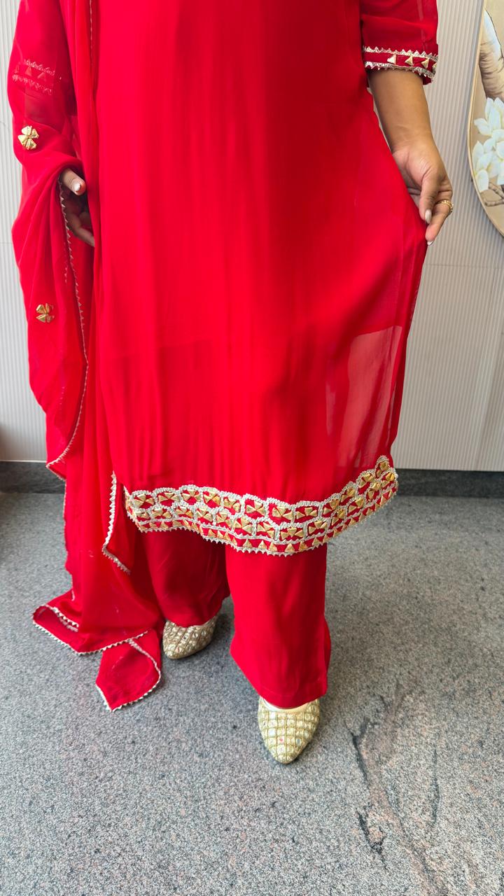 Premium georgette gotta detailing perfect red karwa suit set