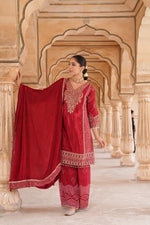 Pure crepe designer with intricate zari detailing suit set in red