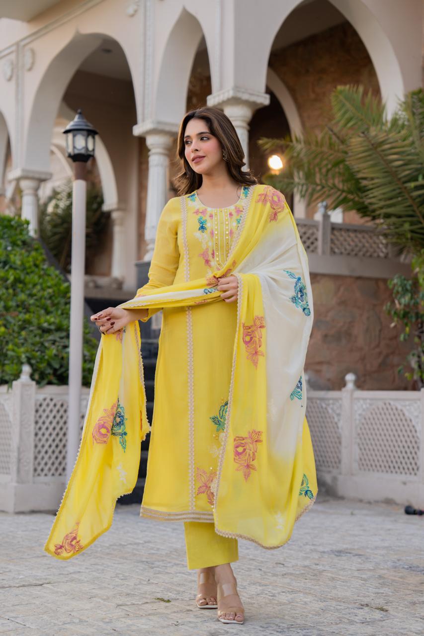 Premium organza fully embroidered suit set in yellow