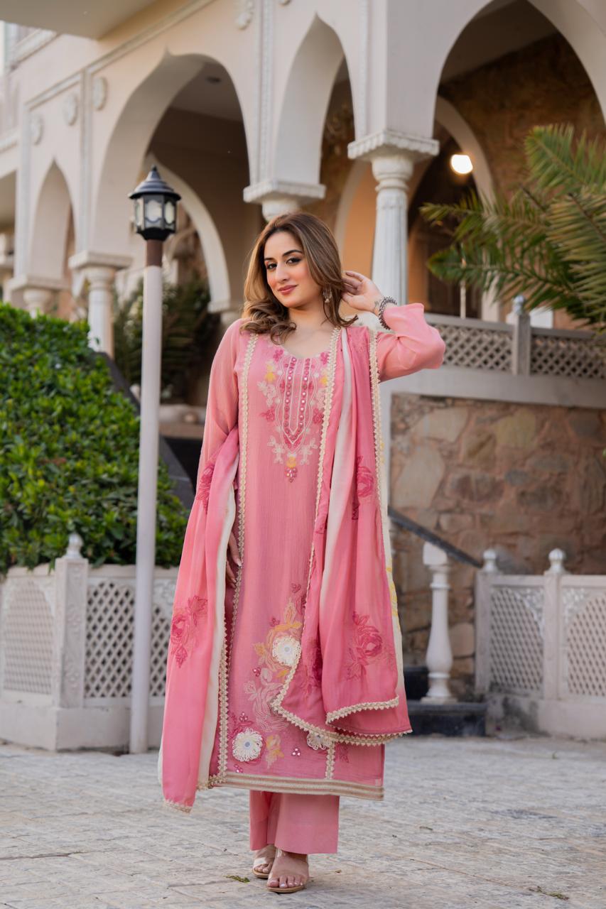 Premium crush Mul cotton super soft stylish full suit set in pink