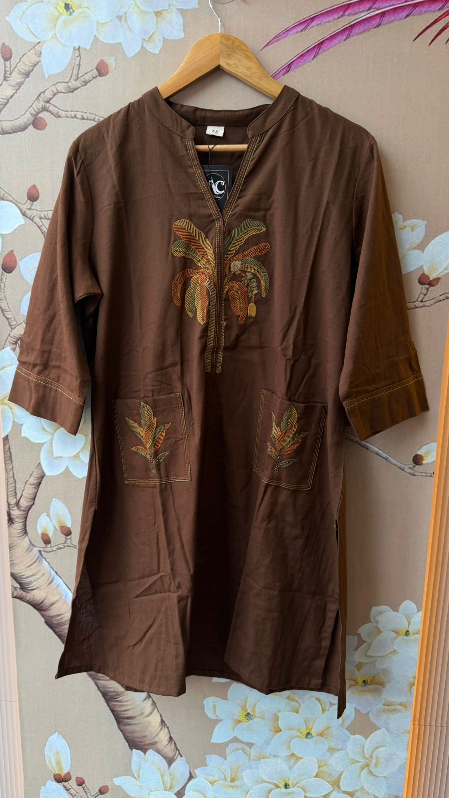 Pretty embroidered cotton co ord set in brown