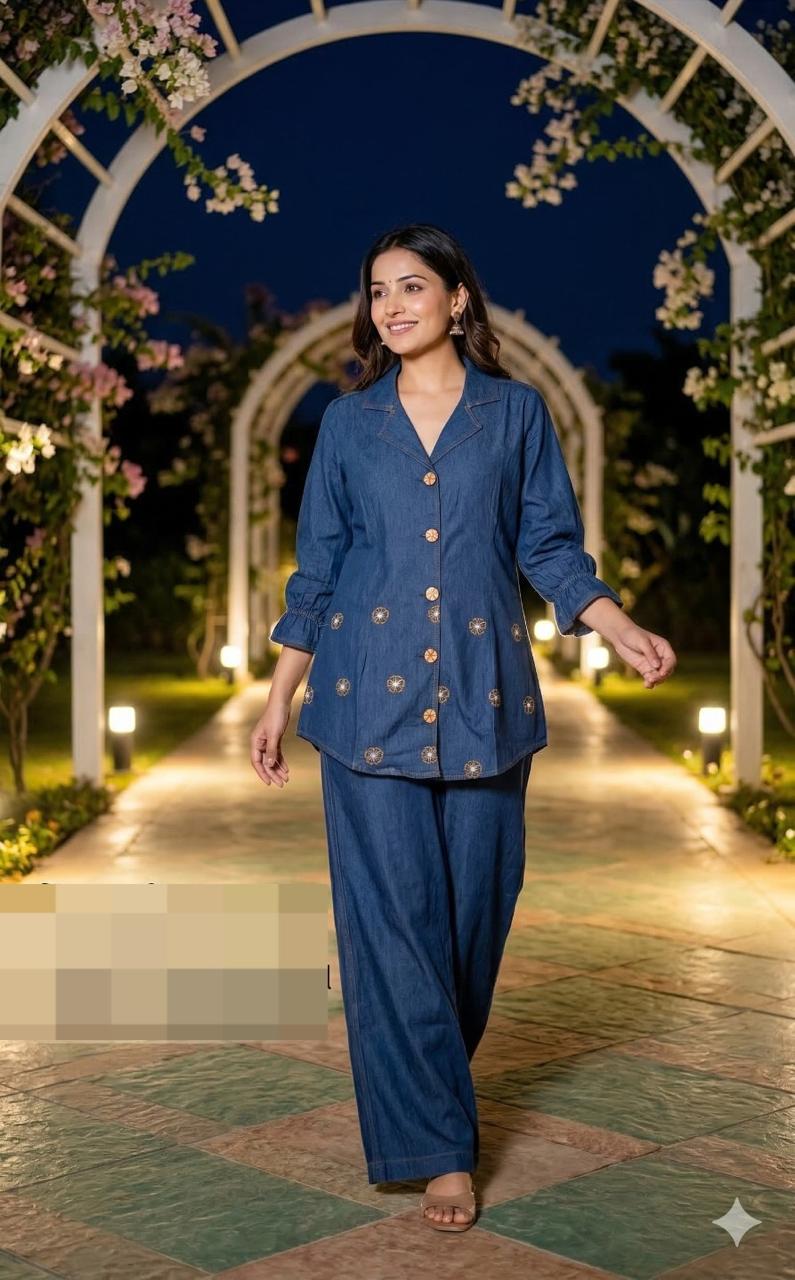 Premium denim cotton fully embroidered co ord