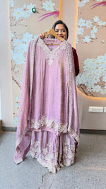 Tissue applique suit set heavy party wear with heavy pearl work